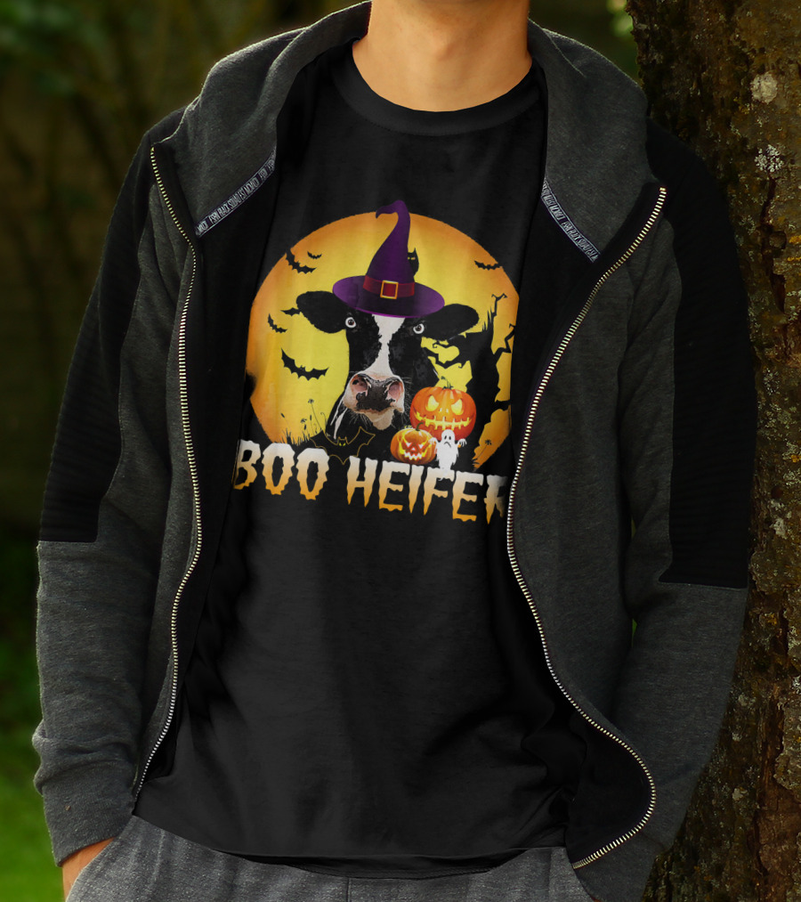 Boo Heifer Witch Hat Cow Halloween Moon Pumpkins Ghost T-Shirt