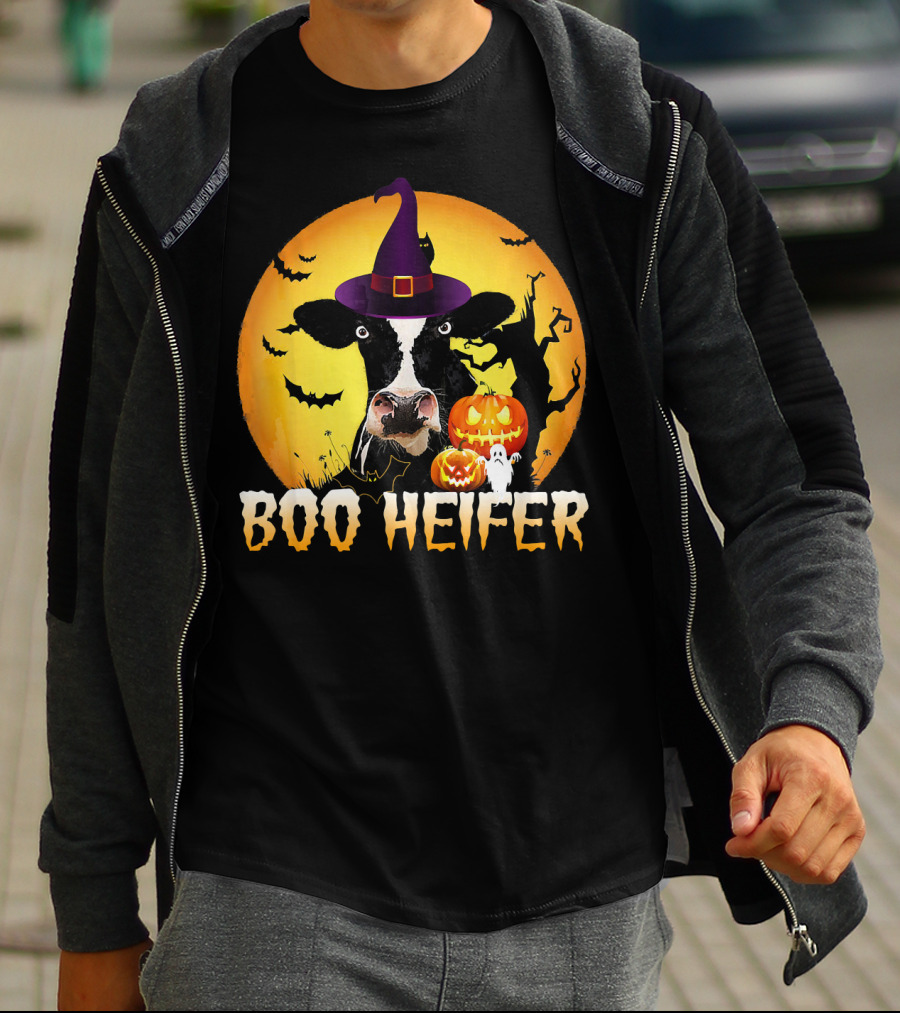 Boo Heifer Witch Hat Cow Halloween Moon Pumpkins Ghost T-Shirt