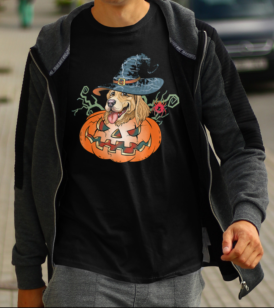 Halloween Golden Retriever Dog Lover Pumpkin Wizard Hat And Spider T-Shirt