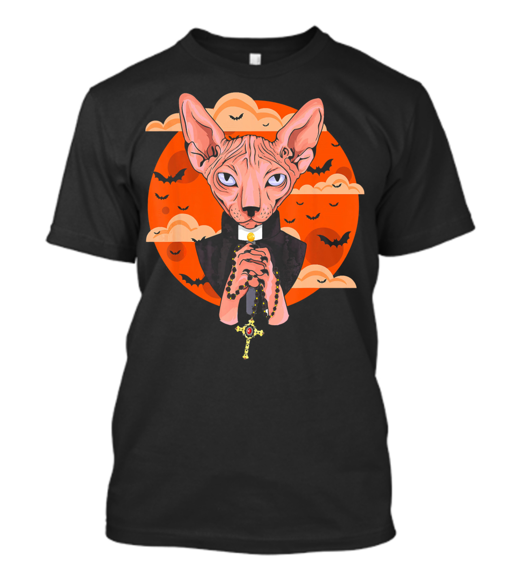 Funny Sphynx Priest With Rosary And Bats Hall T-Shirt