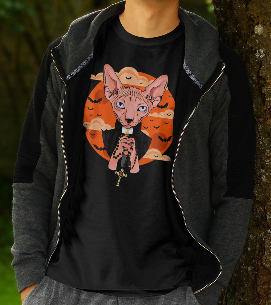 Funny Sphynx Priest With Rosary And Bats Hall T-Shirt