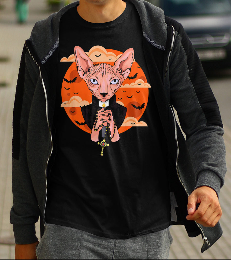 Funny Sphynx Priest With Rosary And Bats Hall T-Shirt