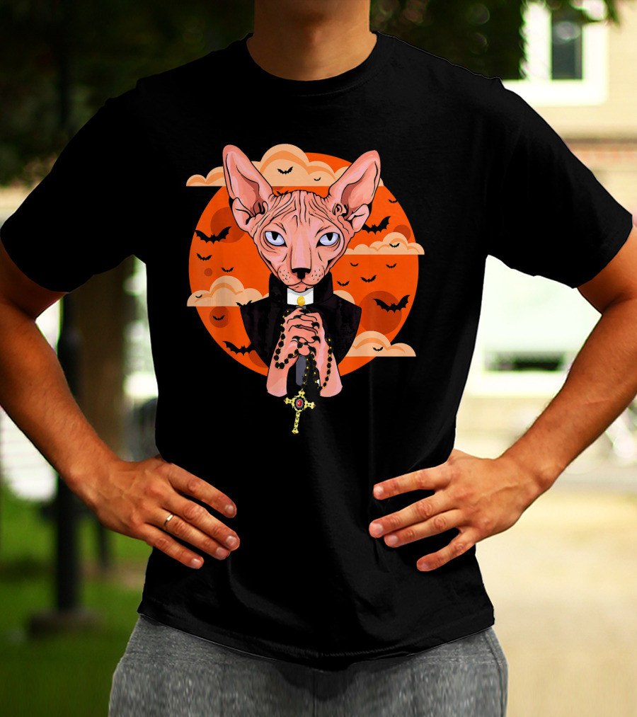 Funny Sphynx Priest With Rosary And Bats Hall T-Shirt