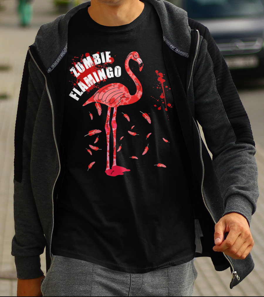 Zombie Flamingo Scary Red Splatter Feathers T-Shirt