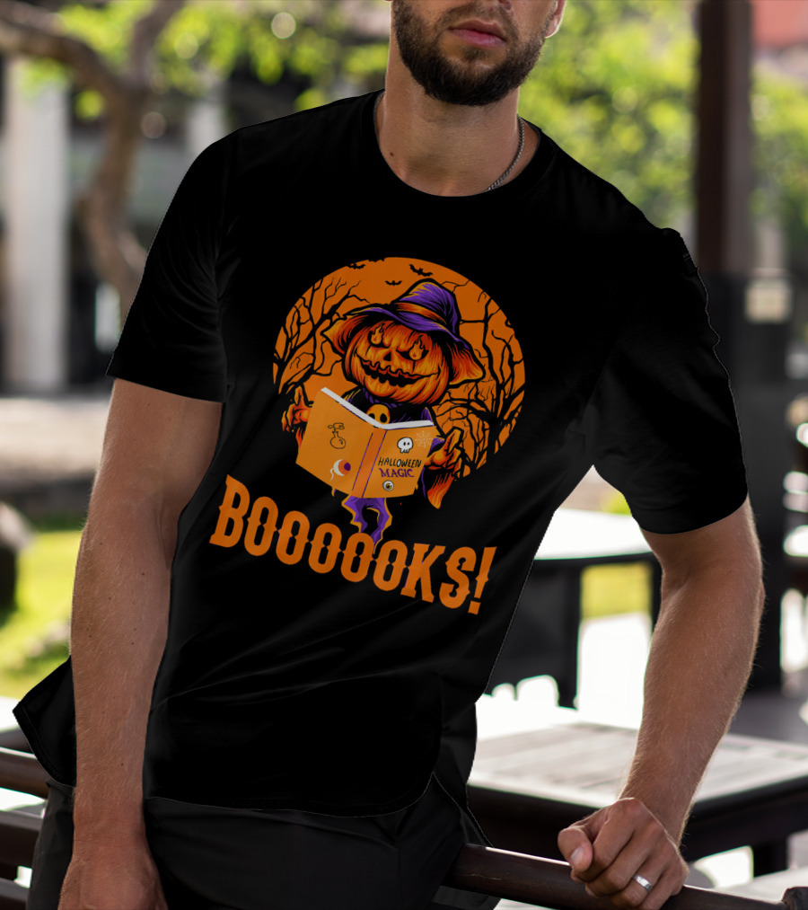 BOOOOKS Halloween Magic Pumpkin Reading Spooky Trees T-Shirt