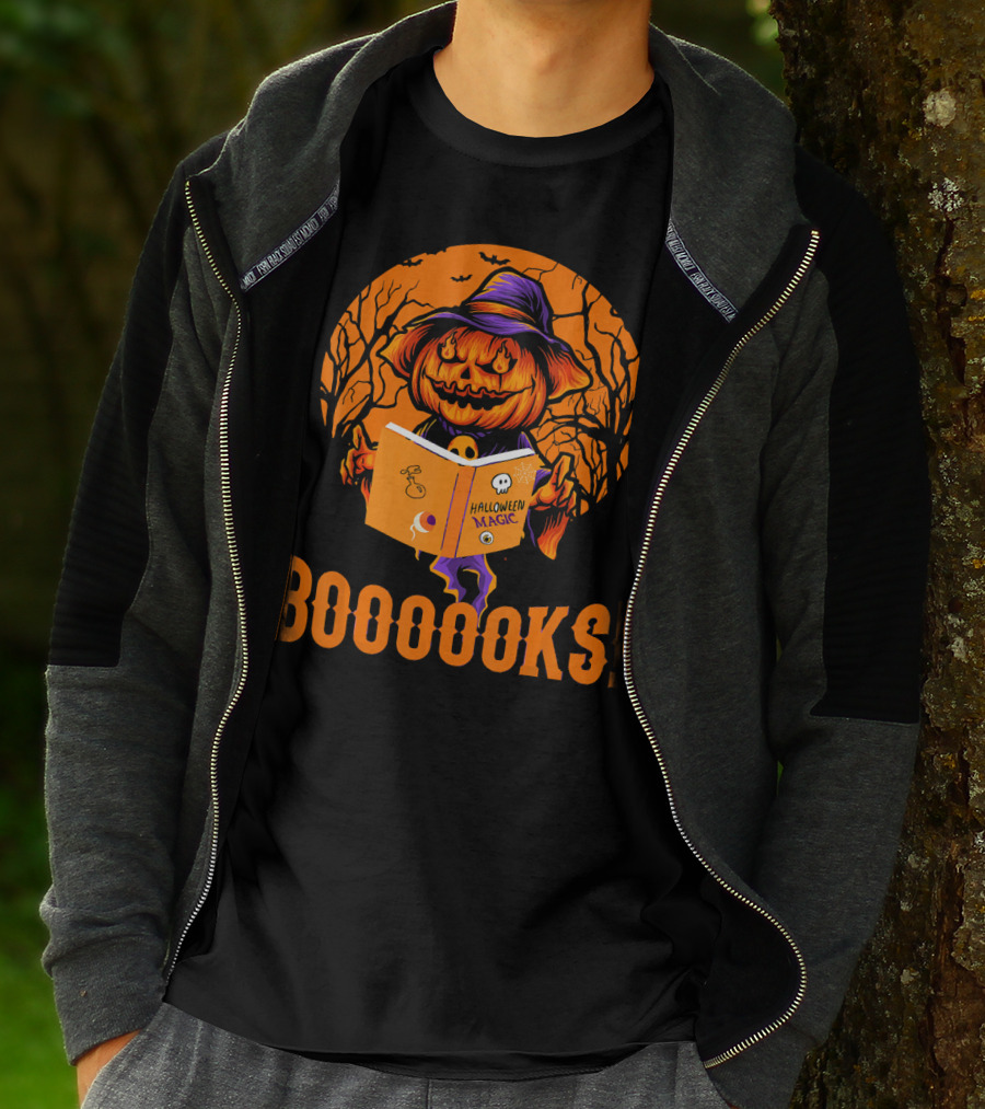 BOOOOKS Halloween Magic Pumpkin Reading Spooky Trees T-Shirt