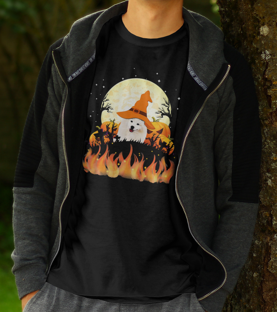 American Eskimo Dog Halloween Witch Moon Pumpkins Flames T-Shirt
