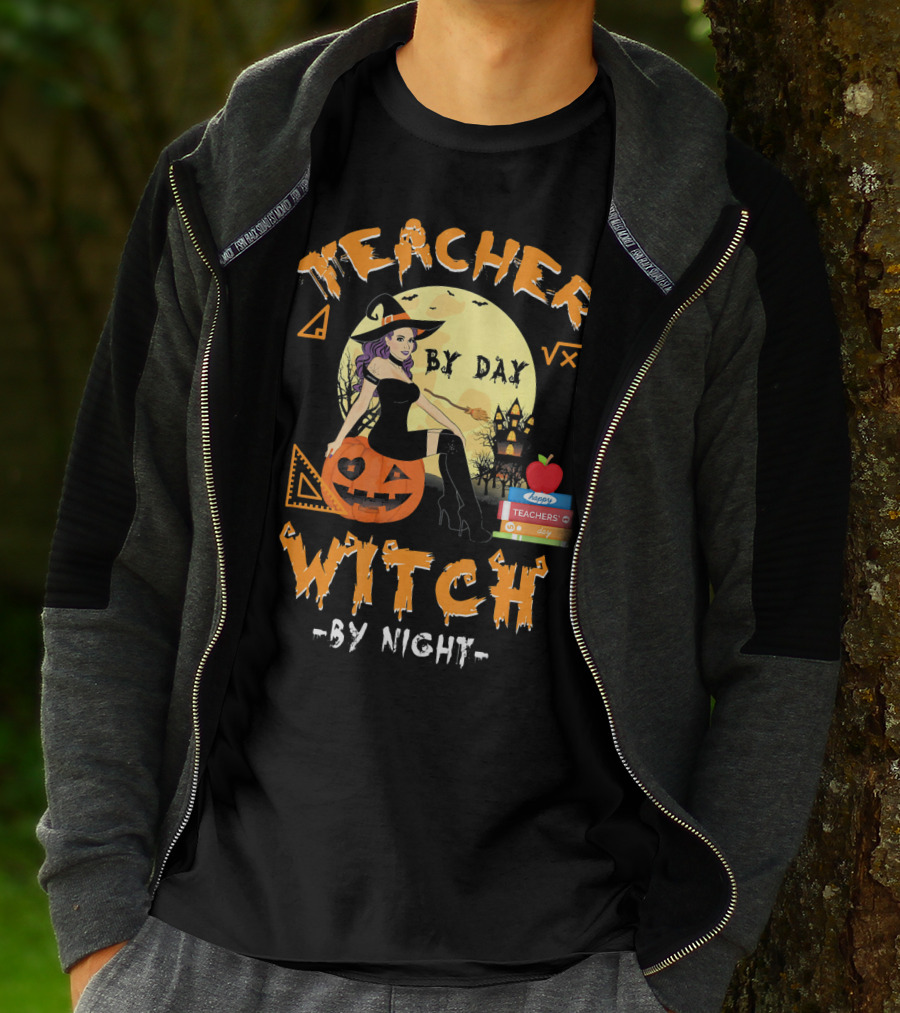 Teacher By Day Witch By Night Halloween Funny Pumpkin Moon Books T-Shirt