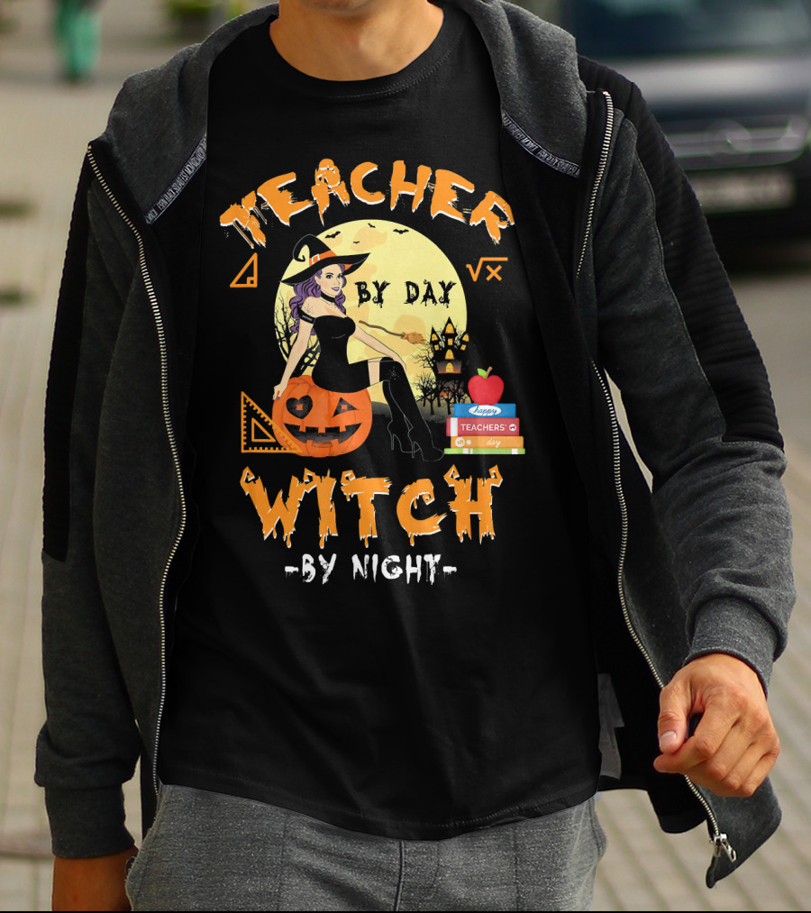Teacher By Day Witch By Night Halloween Funny Pumpkin Moon Books T-Shirt