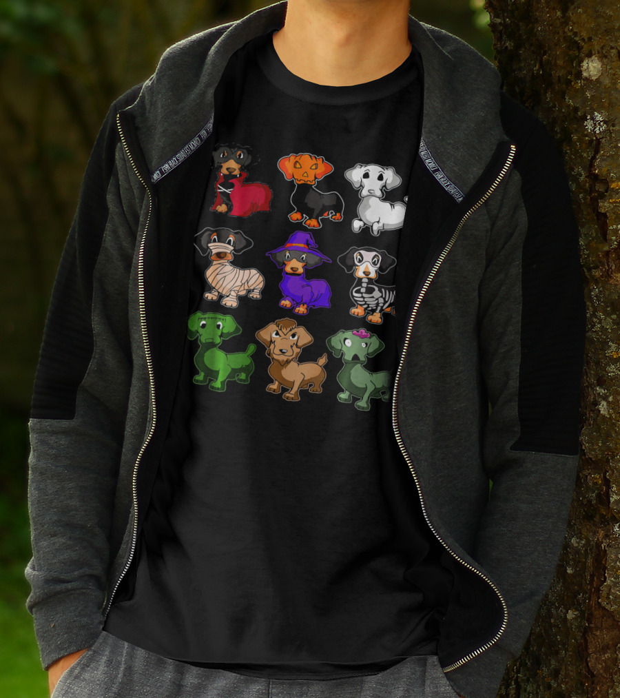 Dachshund Halloween Costumes Dracula Pumpkin Ghost Mummy Witch Skeleton Zombie Frankenstein T-Shirt