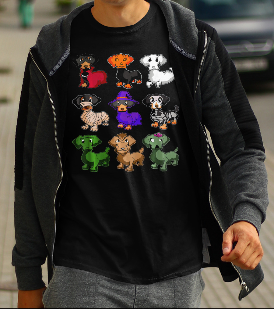 Dachshund Halloween Costumes Dracula Pumpkin Ghost Mummy Witch Skeleton Zombie Frankenstein T-Shirt