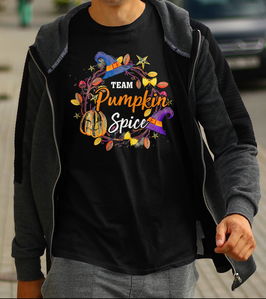 Team Pumpkin Spice Wreath With Witch Hats And Autumn Elements T-Shirt