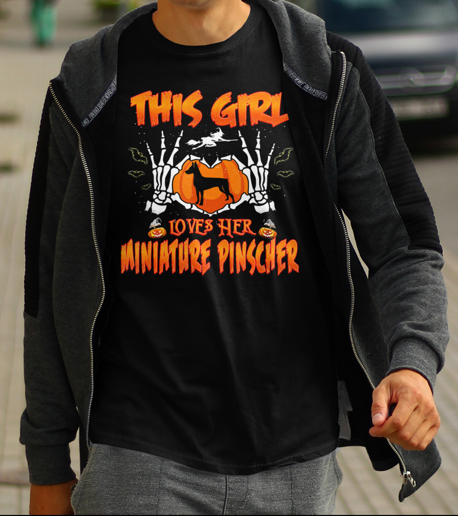 Halloween Skeleton Hands And Pumpkin This Girl Loves Her Miniature Pinscher T-Shirt