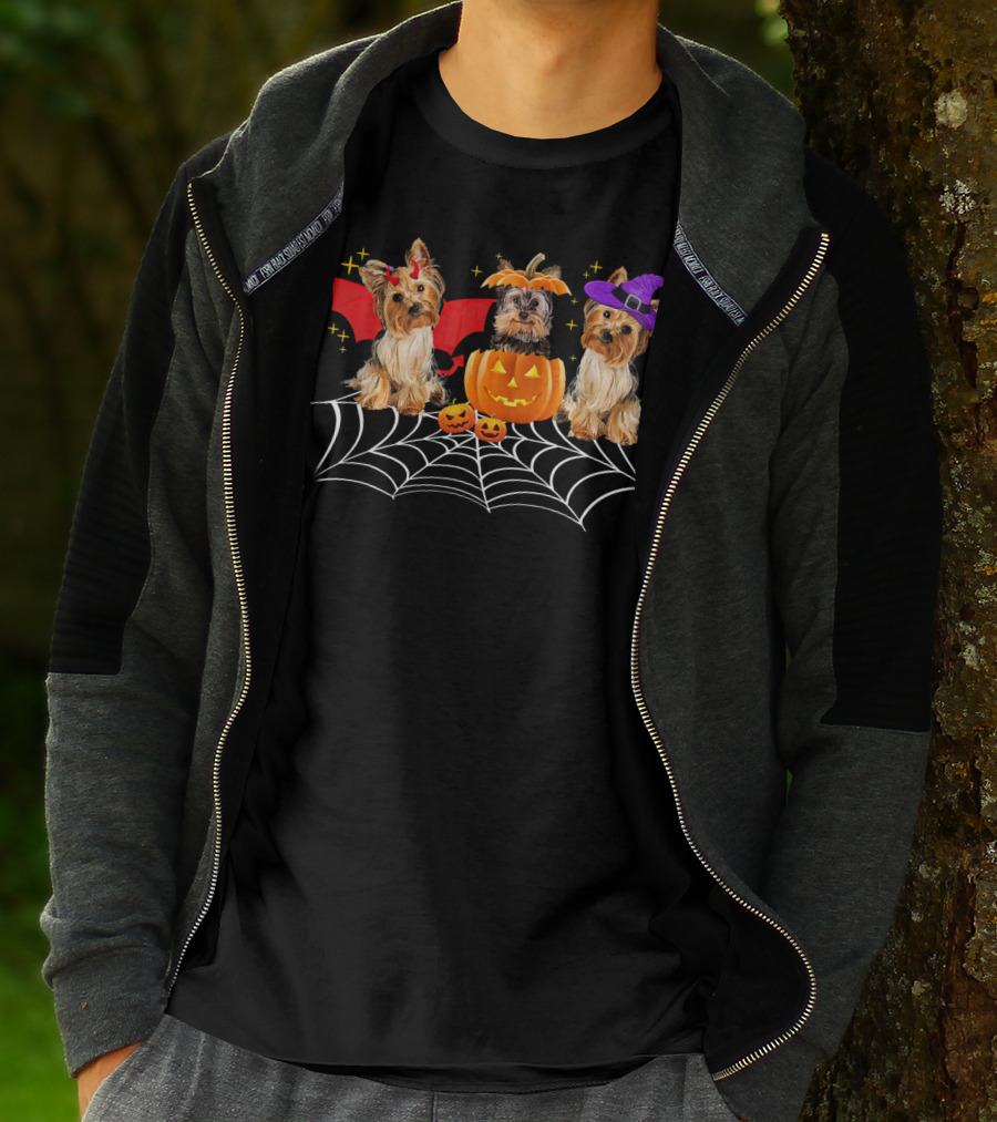 Halloween Yorkshire Terriers Pumpkin Bat Witch Spider Web T-Shirt