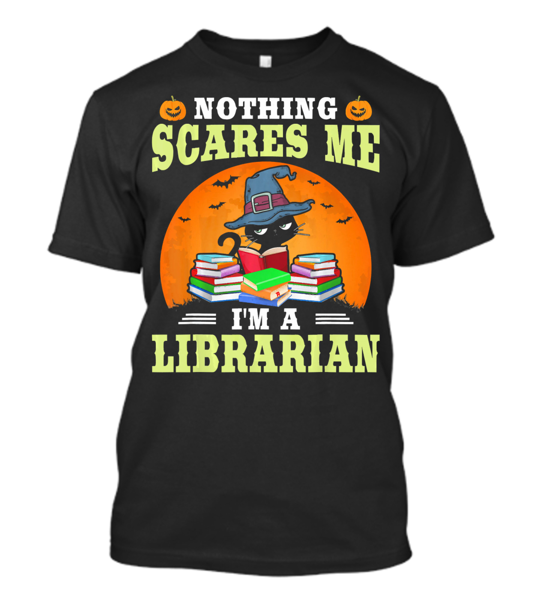 Nothing Scares Me I'm A Librarian Halloween Cat With Books And Witch Hat T-Shirt