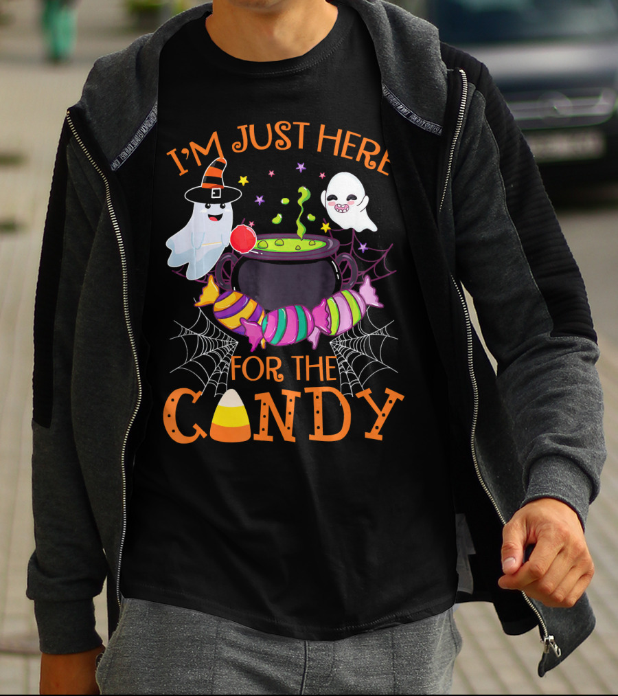 I'm Just Here For The Candy Ghost Cauldron And Candy Corn T-Shirt