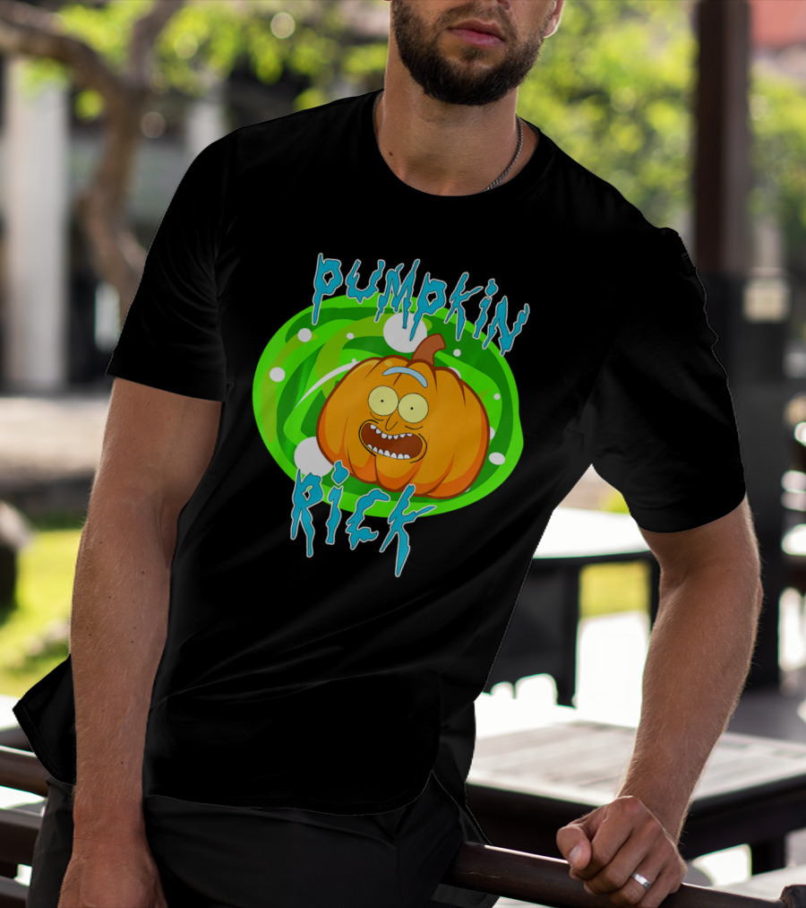 Pumpkin Rick Halloween Parody With Green Portal And Cartoon Face T-Shirt