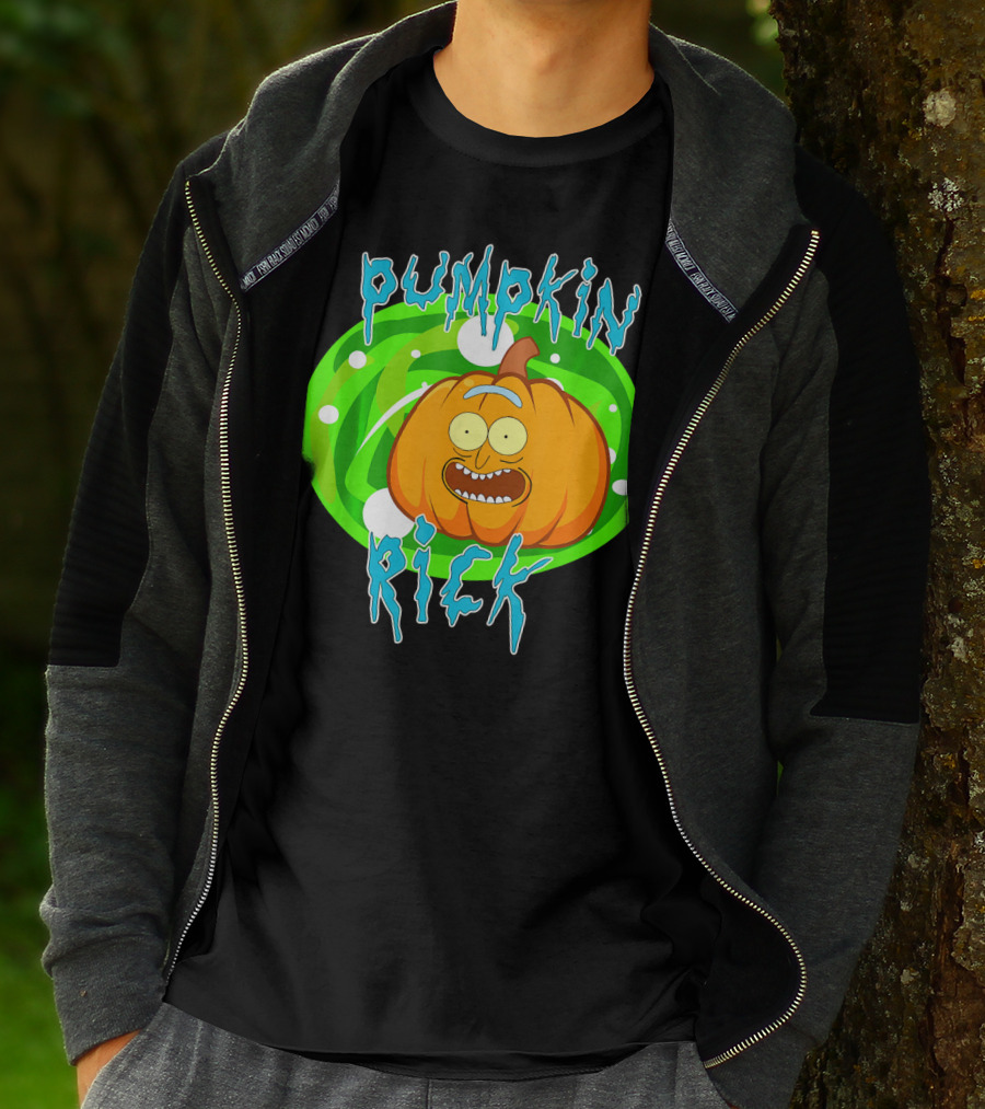 Pumpkin Rick Halloween Parody With Green Portal And Cartoon Face T-Shirt
