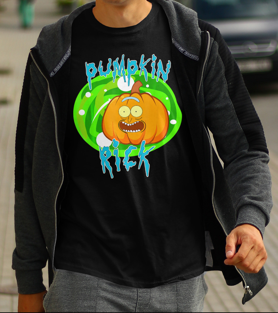 Pumpkin Rick Halloween Parody With Green Portal And Cartoon Face T-Shirt