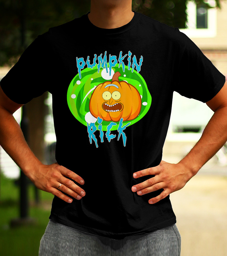 Pumpkin Rick Halloween Parody With Green Portal And Cartoon Face T-Shirt