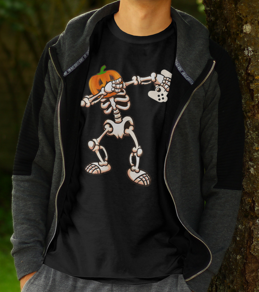 Halloween Dabbing Skeleton Pumpkin Head Video Game Controller T-Shirt