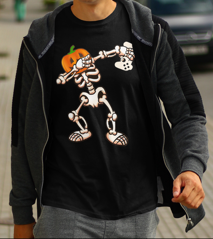 Halloween Dabbing Skeleton Pumpkin Head Video Game Controller T-Shirt