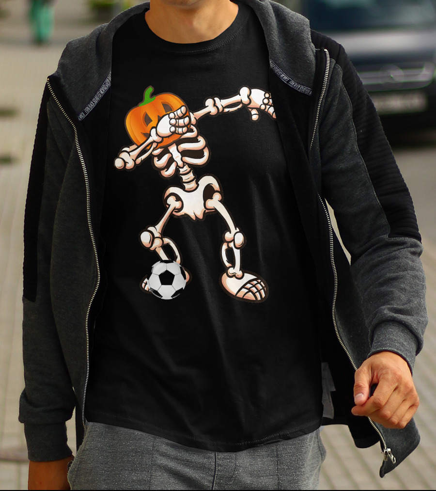 Funny Halloween Dabbing Skeleton Pumpkin Head With Soccer Ball T-Shirt