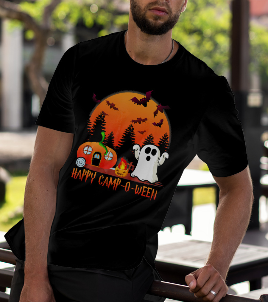 Happy Camp O Ween Funny Pumpkin Boo Ghost Moon With Bat Silhouette In Spooky Forest T-Shirt