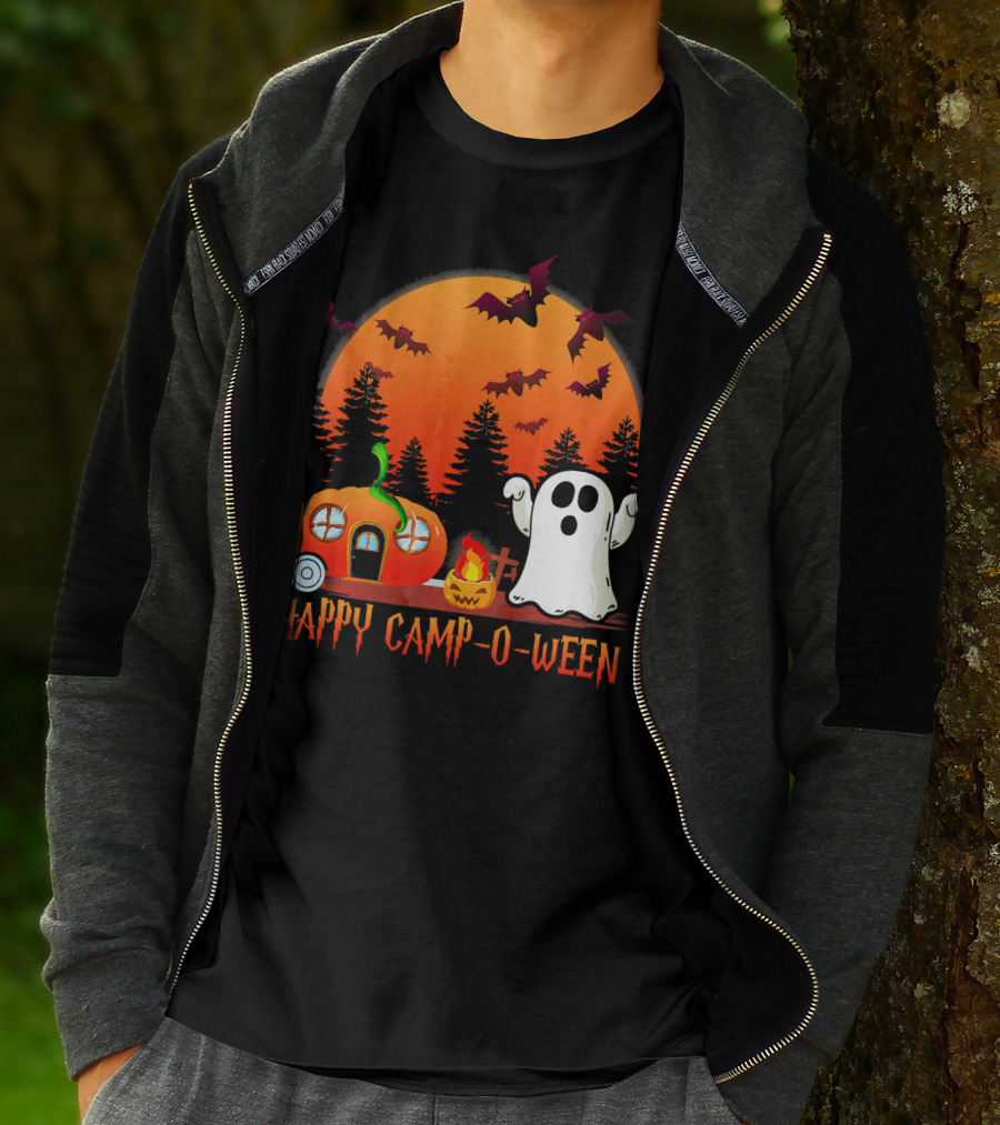 Happy Camp O Ween Funny Pumpkin Boo Ghost Moon With Bat Silhouette In Spooky Forest T-Shirt