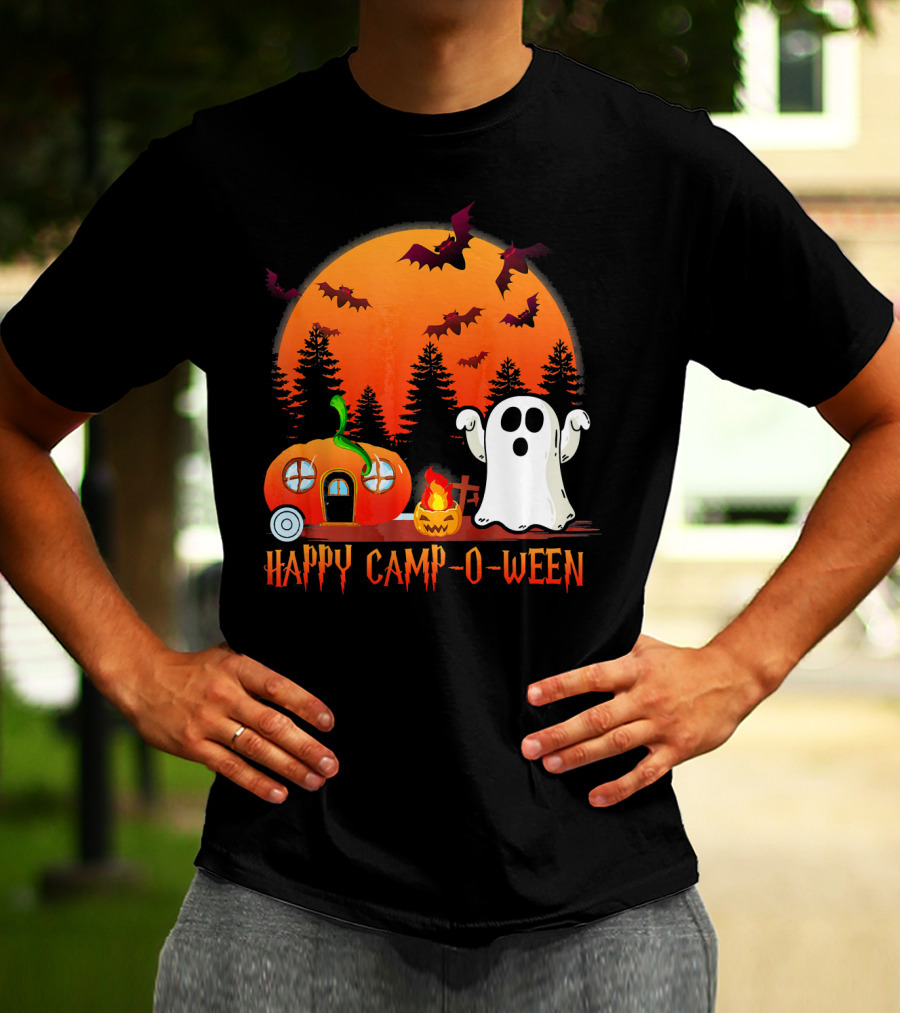 Happy Camp O Ween Funny Pumpkin Boo Ghost Moon With Bat Silhouette In Spooky Forest T-Shirt