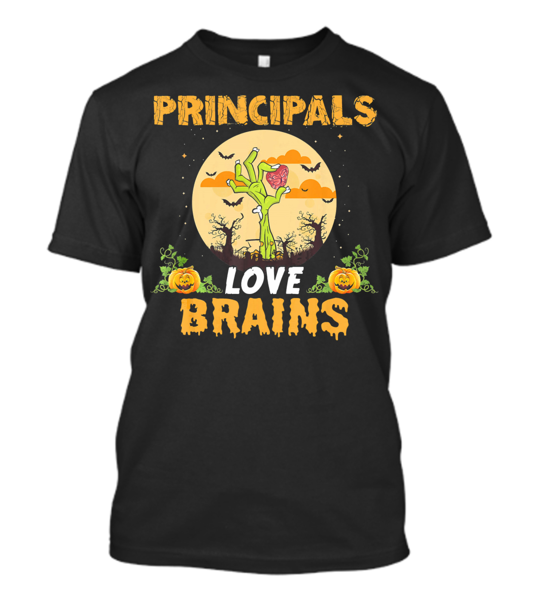 Principals Love Brains Zombies Halloween Moon Bats Pumpkins T-Shirt