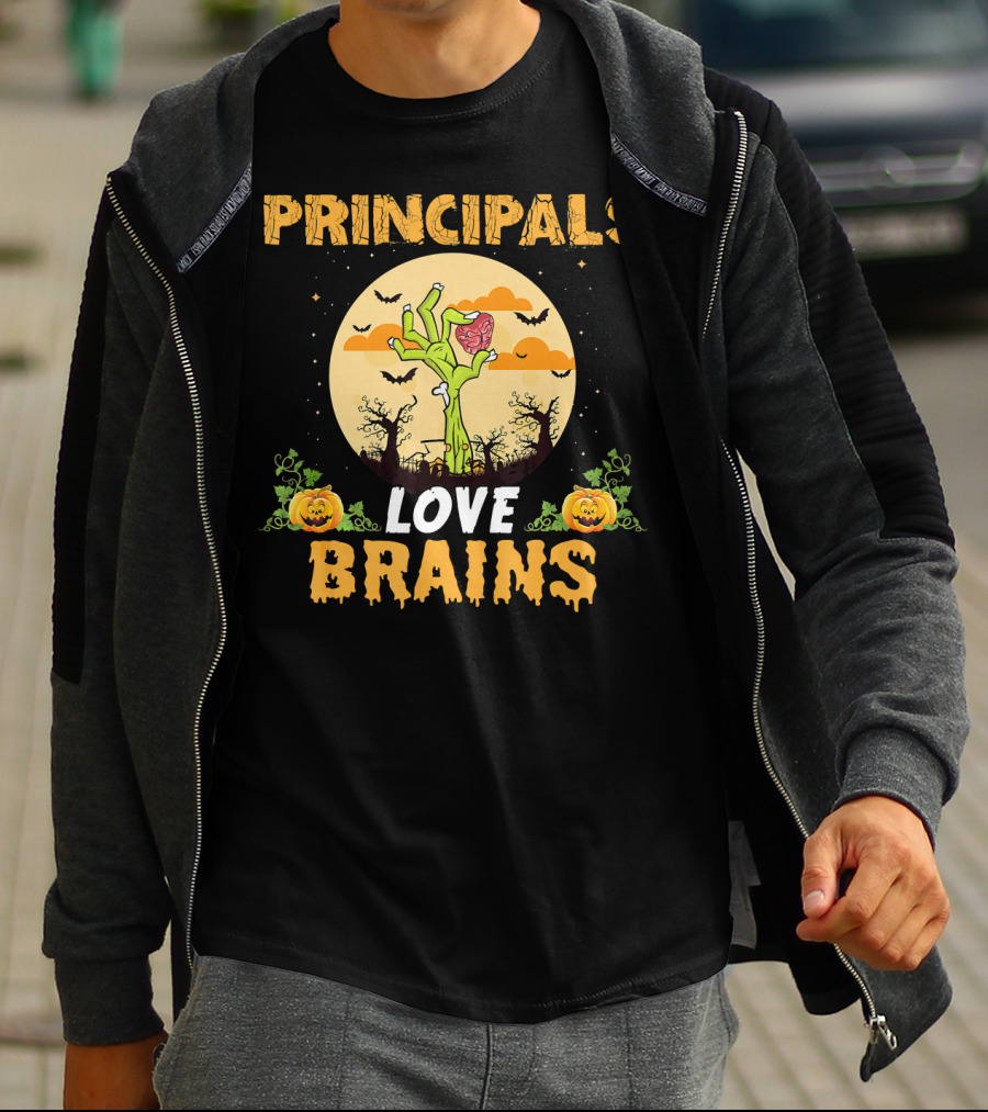 Principals Love Brains Zombies Halloween Moon Bats Pumpkins T-Shirt