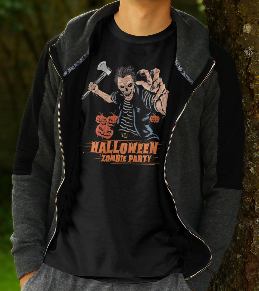 Halloween Zombie Party Scary Zom Axe-Wielding Zombie And Pumpkins T-Shirt