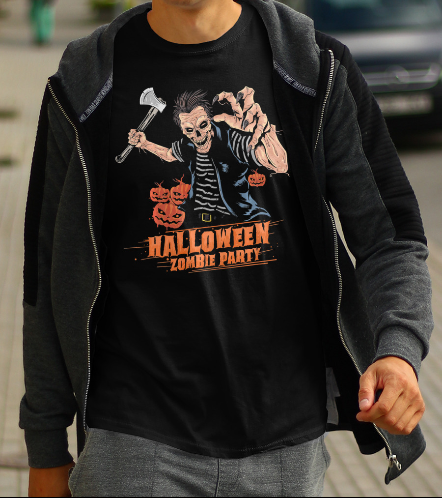 Halloween Zombie Party Scary Zom Axe-Wielding Zombie And Pumpkins T-Shirt
