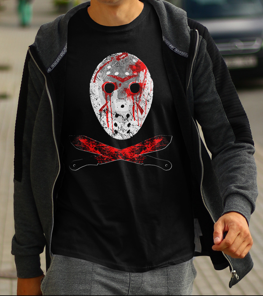 Friday The 13th Jason Mask Bloody Machete Crossed Horror T-Shirt