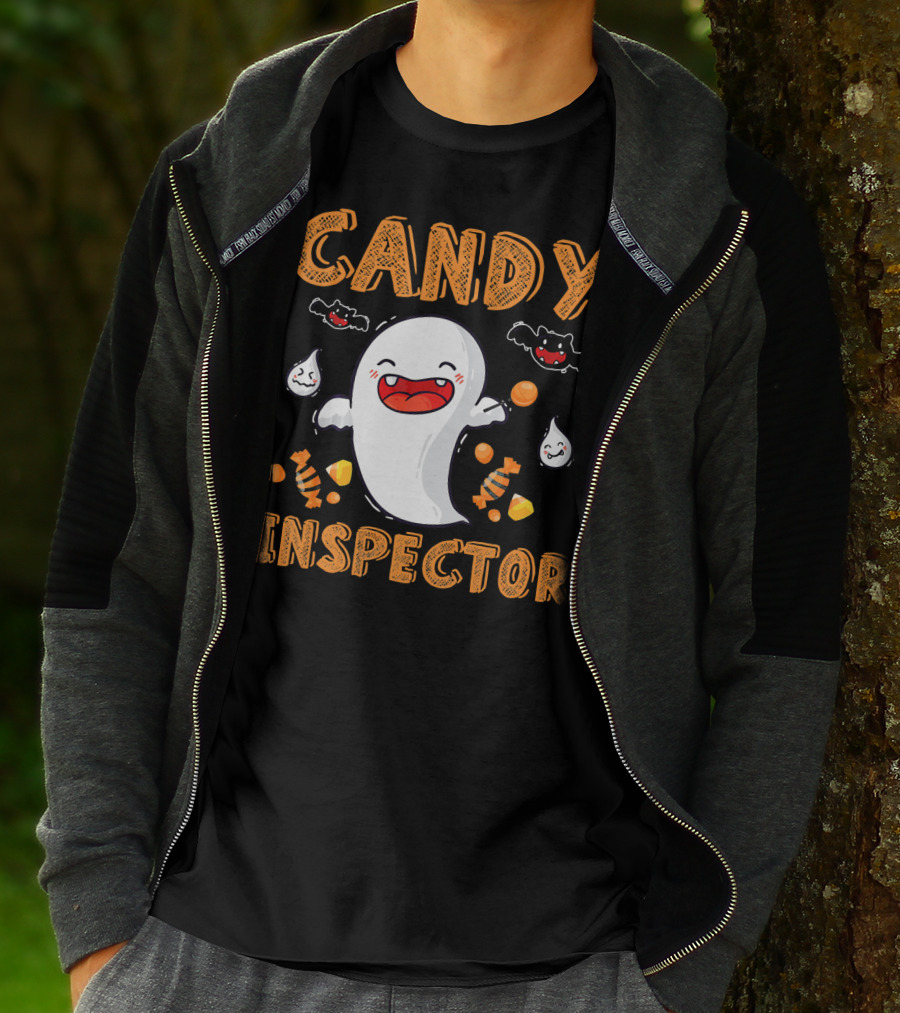 Candy Inspector Ghost Halloween Co Spooky Fun With Bats And Sweets T-Shirt