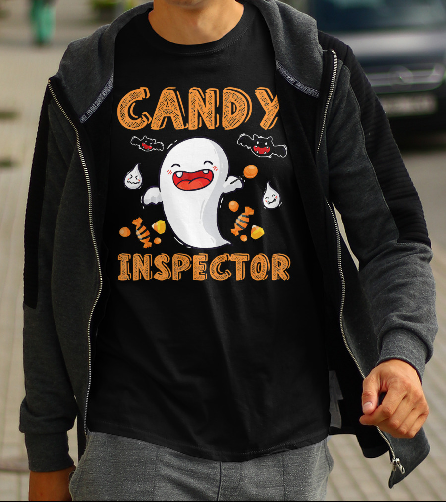 Candy Inspector Ghost Halloween Co Spooky Fun With Bats And Sweets T-Shirt