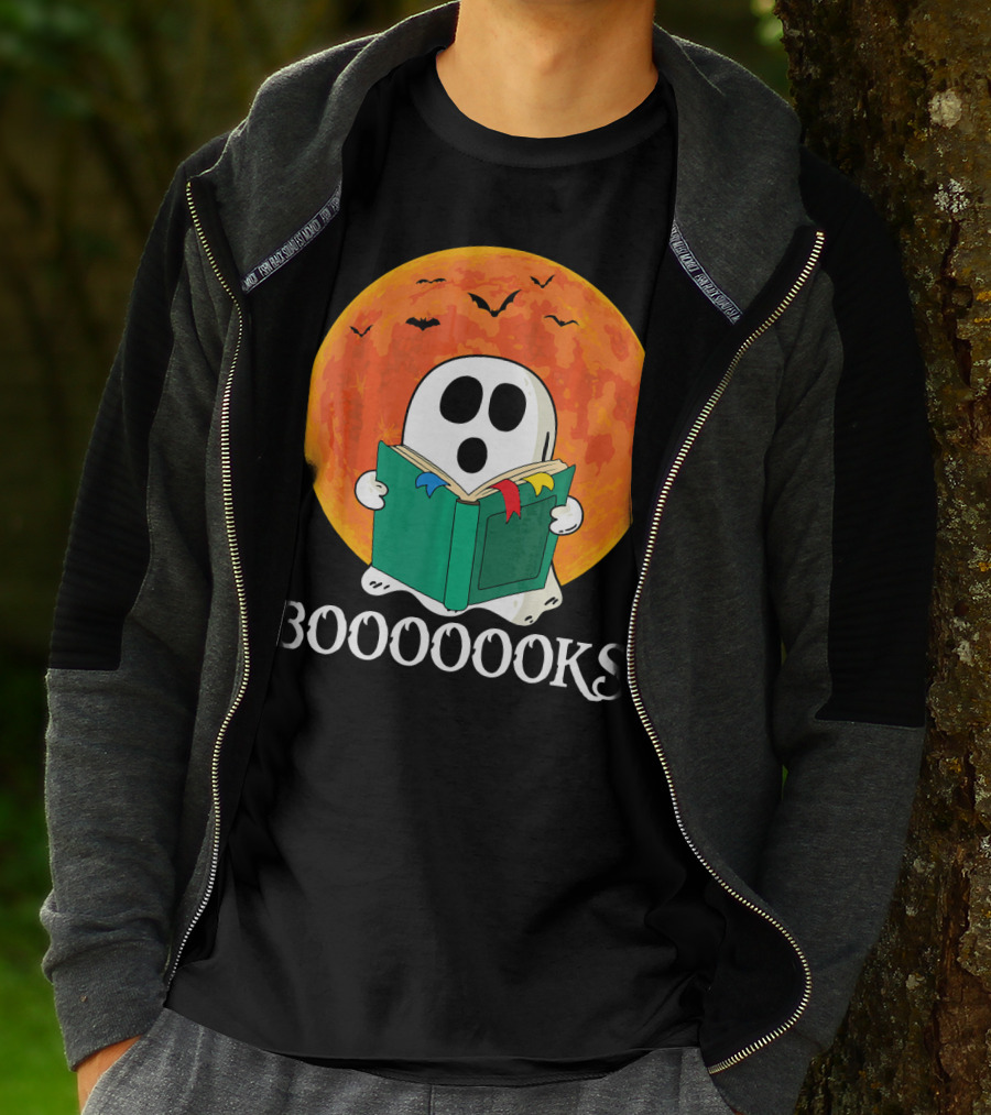 Funny Halloween Booooks Cute Ghost Reading With Full Moon And Bats T-Shirt