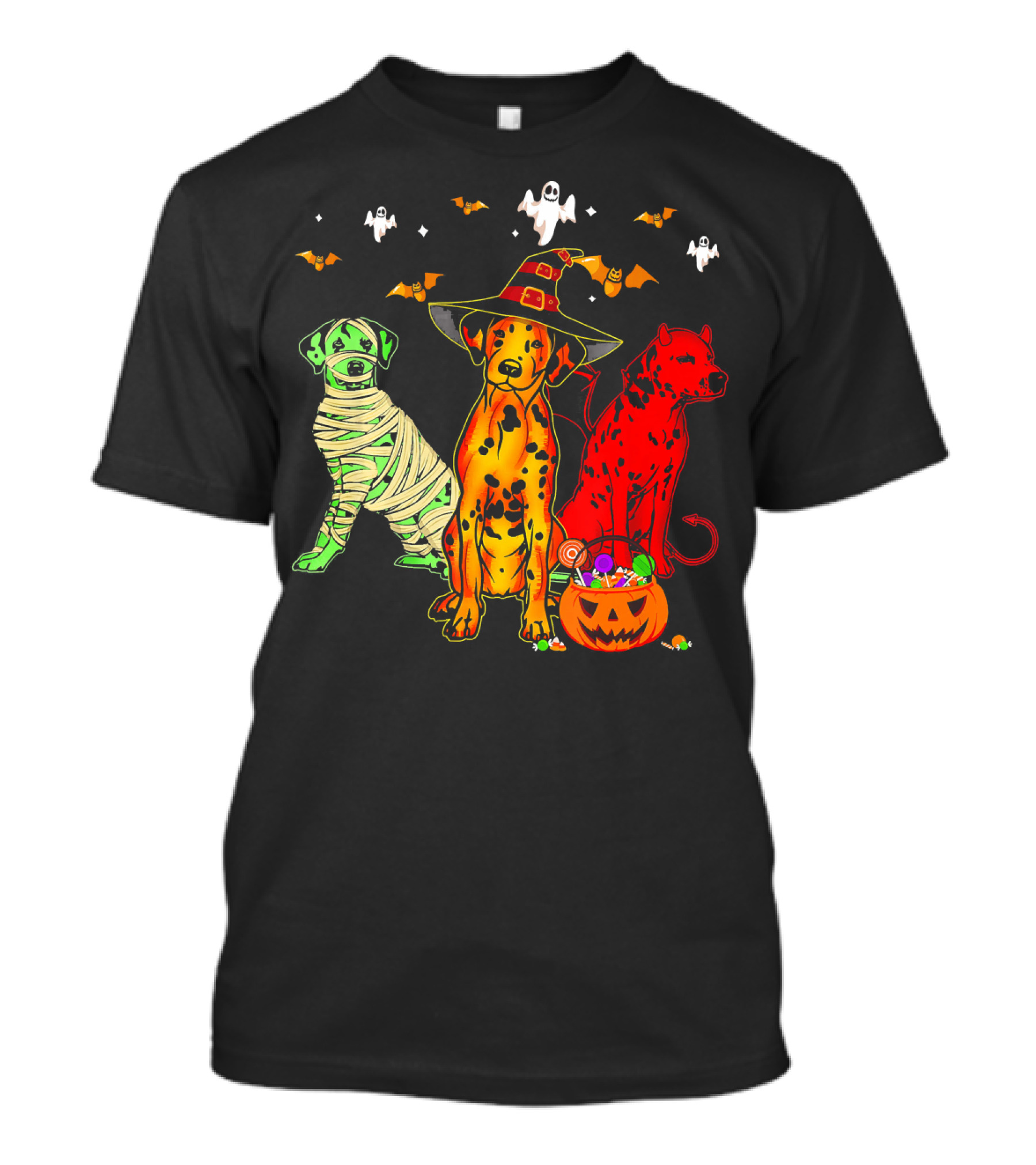 Funny Dalmatian Halloween Witch Mummy Devil Costume Party With Ghosts And Bats T-Shirt