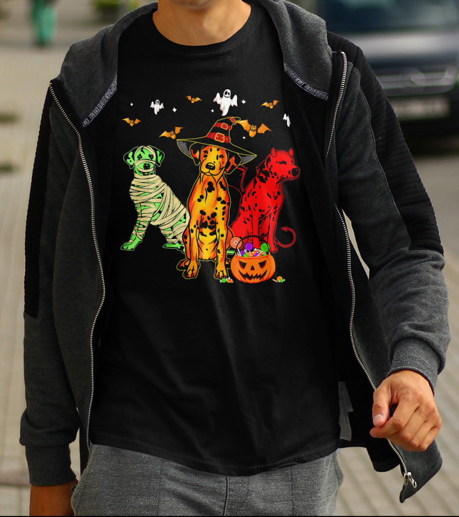 Funny Dalmatian Halloween Witch Mummy Devil Costume Party With Ghosts And Bats T-Shirt