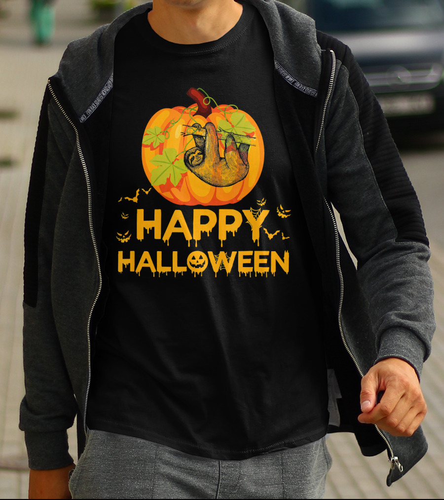 Happy Halloween Pumpkin Sloth Hanging With Bats T-Shirt