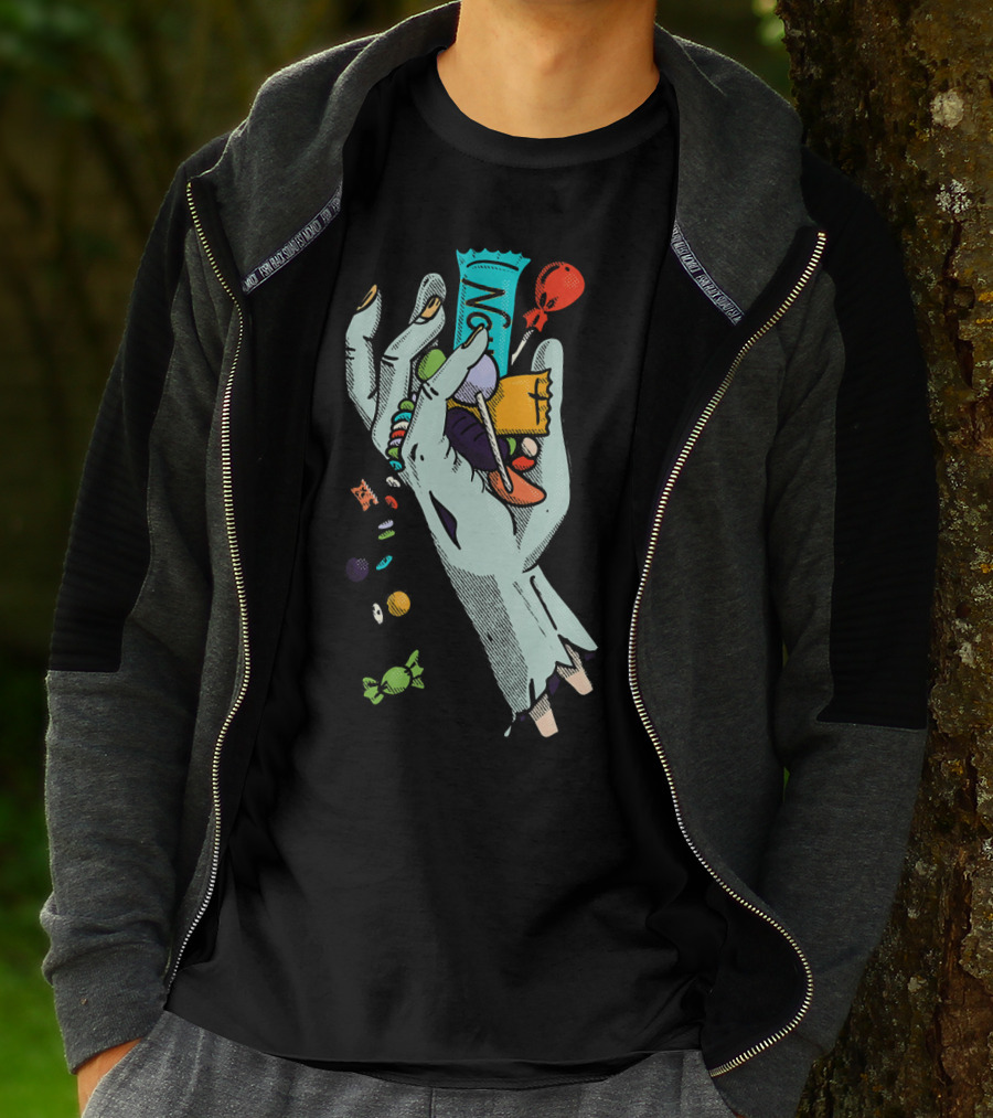 Holidaze Trick Or Treat Zombie Hand No Treats Candies Balloon T-Shirt