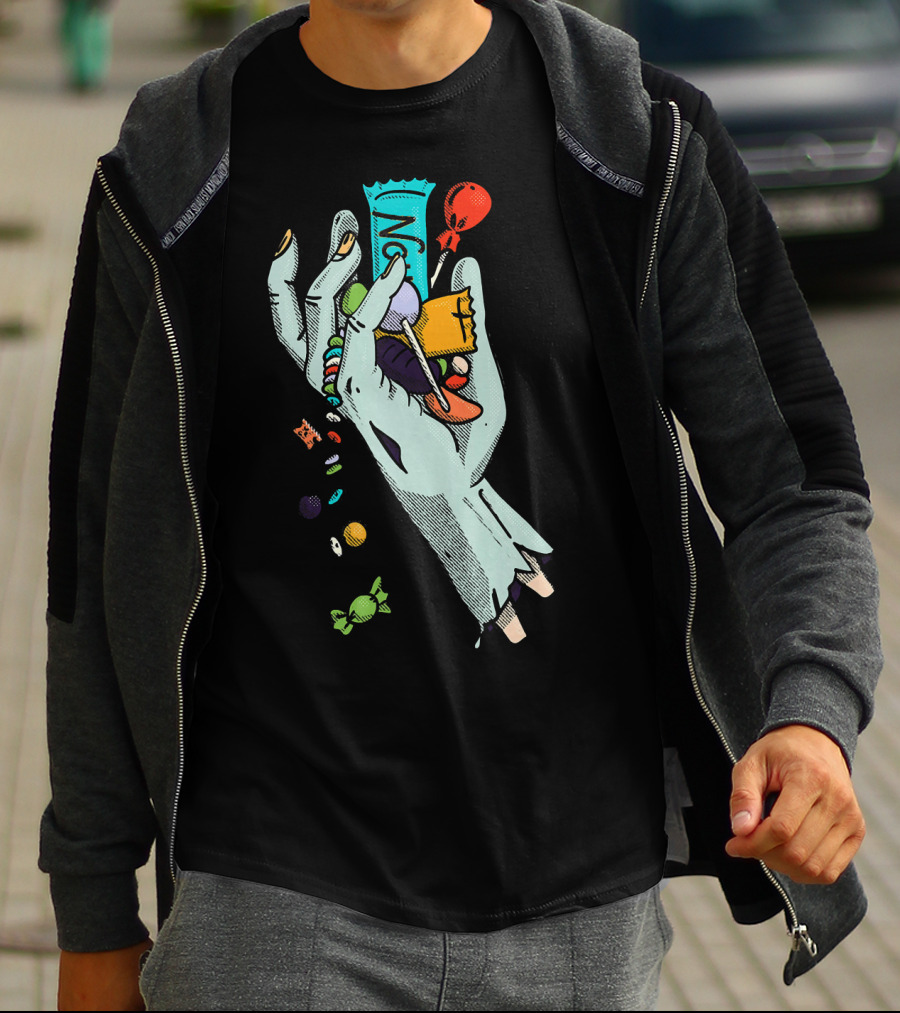 Holidaze Trick Or Treat Zombie Hand No Treats Candies Balloon T-Shirt