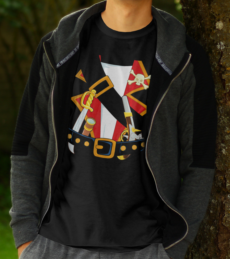 Pirate Costume Skull Crossbones Sword Pistol Belt T-Shirt