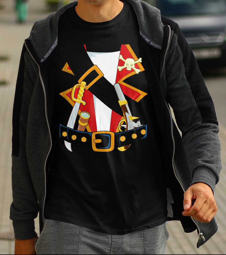 Pirate Costume Skull Crossbones Sword Pistol Belt T-Shirt
