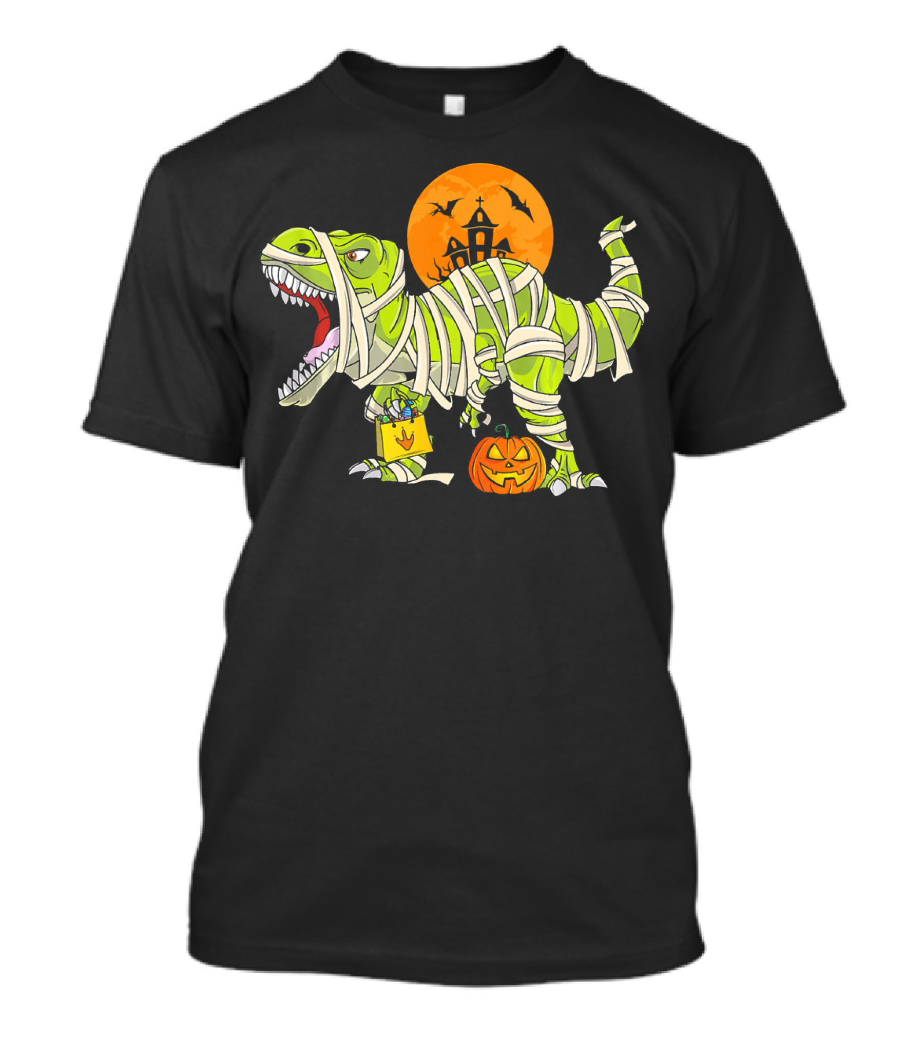 Funny Halloween Rex Dinosaur Mummy With Pumpkin And Haunted House T-Shirt