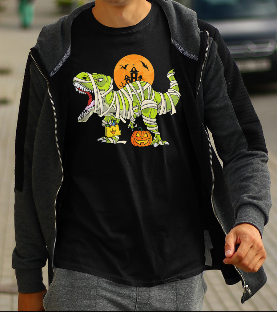 Funny Halloween Rex Dinosaur Mummy With Pumpkin And Haunted House T-Shirt