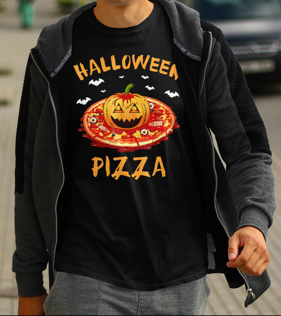 Halloween Pizza Pumpkin With Bats And Spooky Toppings T-Shirt