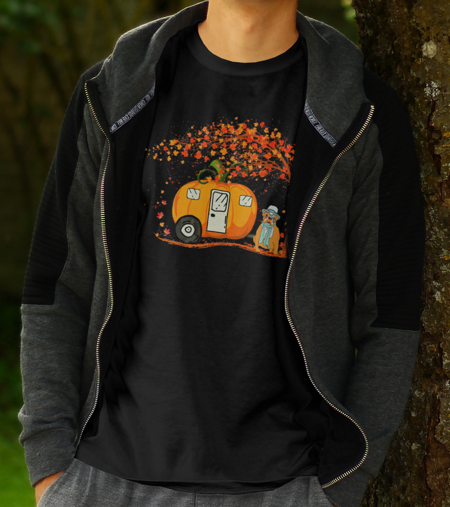 Bulldog With Pumpkin Camping Van Under Autumn Tree T-Shirt