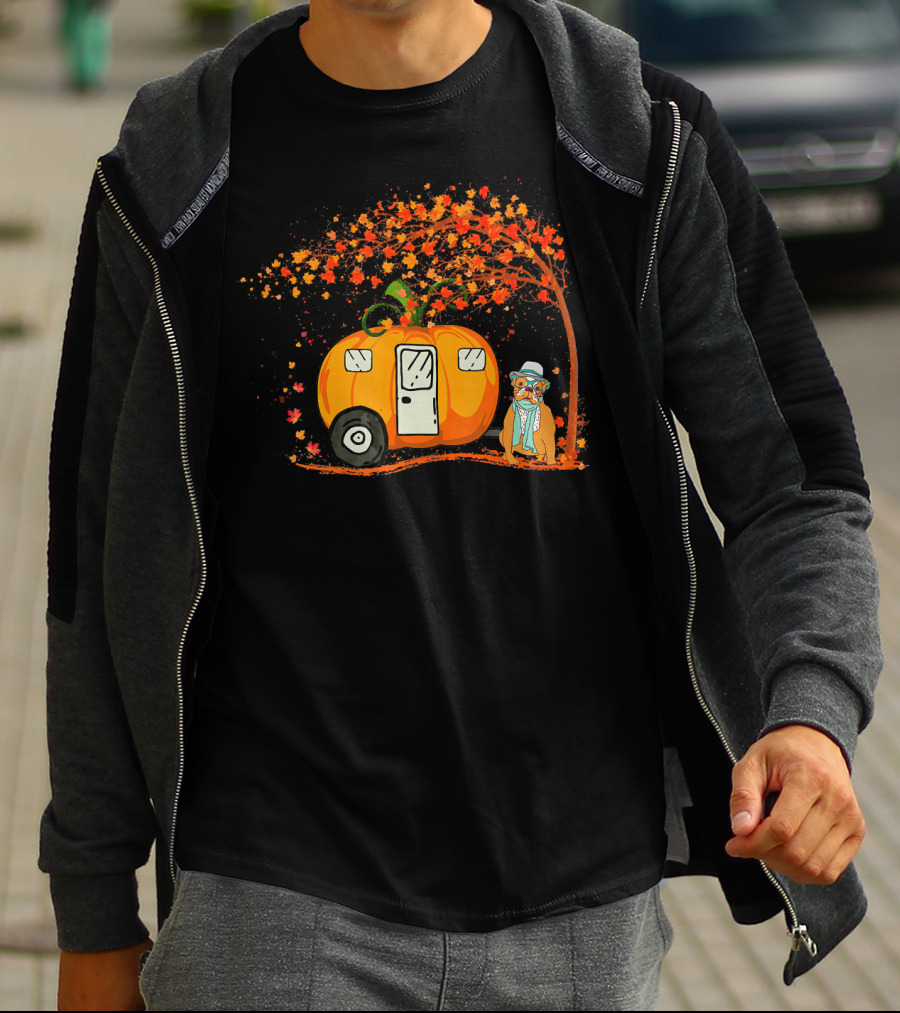 Bulldog With Pumpkin Camping Van Under Autumn Tree T-Shirt